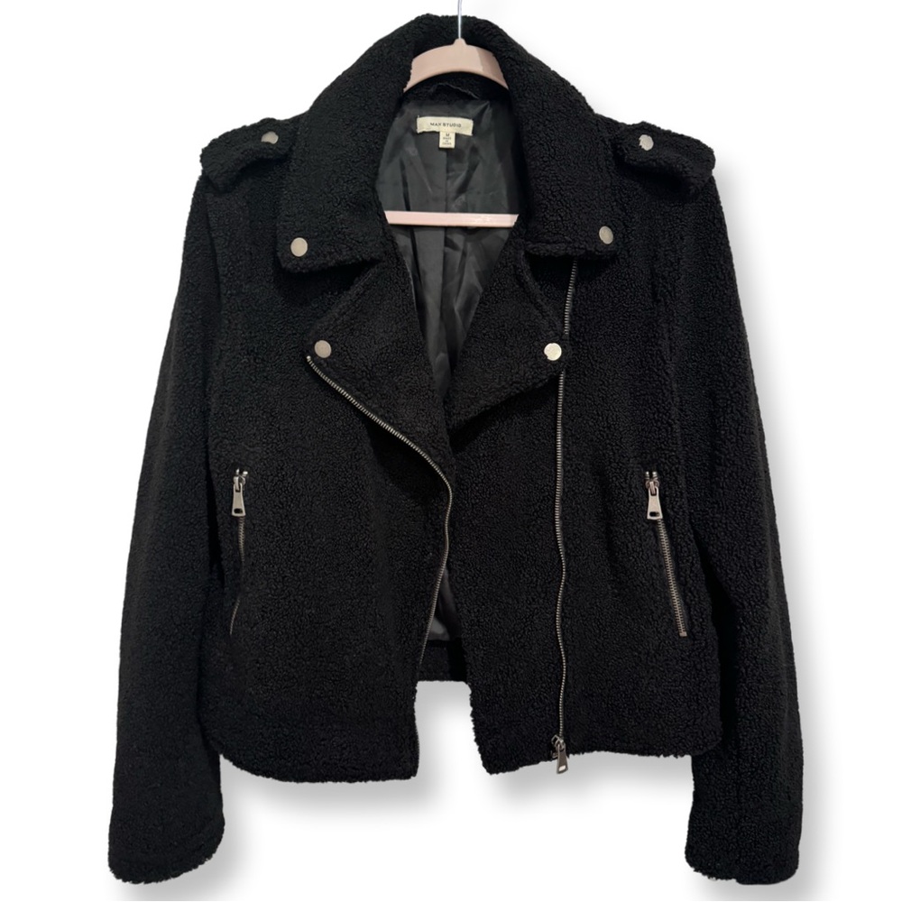 MAX STUDIO ASYMMETRICAL MOTO JACKET FAUX FUR BLACK COLLARED EDGY STREETWEAR MED
